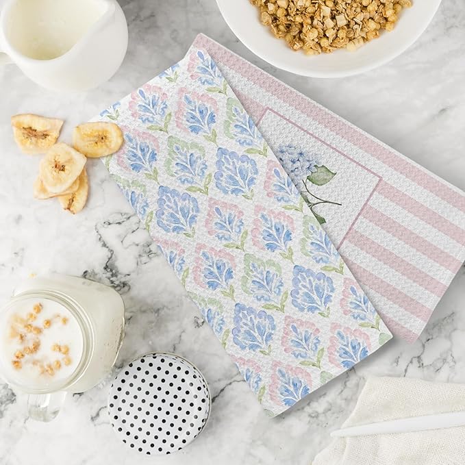 Pink and Blue Grandmillennial Hydrangea Floral Kitchen Dish Towels, Pink Striped Flower Decorative Hand Towels for Bathroom Kitchen, Preppy Floral Bathroom Decor, 16x24 Inch Set of 2