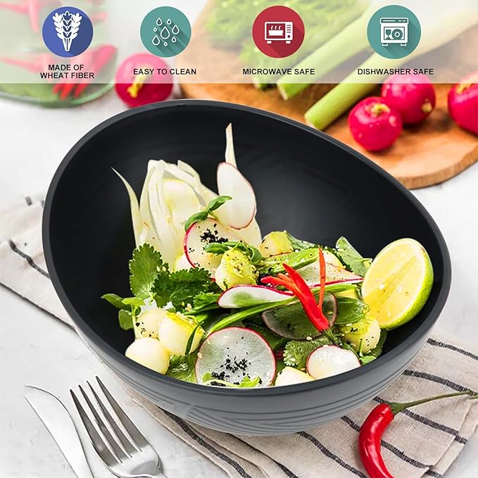 Wrova Big Wheat Straw Bowls,Unbreakable Large Salad Bowls,Dishwasher and Microware Safe Plastic Bowls Reusable,Kitchen Bowl Set for Salad,Cereal,Soup and Oatmeal.Black and White