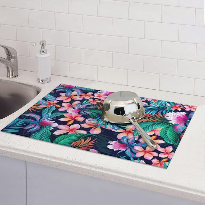 Pink Hawaii Flowers Dish Drying Mat 18x24, Blossom Flowery Floral Absorbent Drying Matt Kitchen Decor Counter Dishes Pad Drainer Rack Coffee Bar Station Mat Protector for Kitchen Accessories Fast Dry