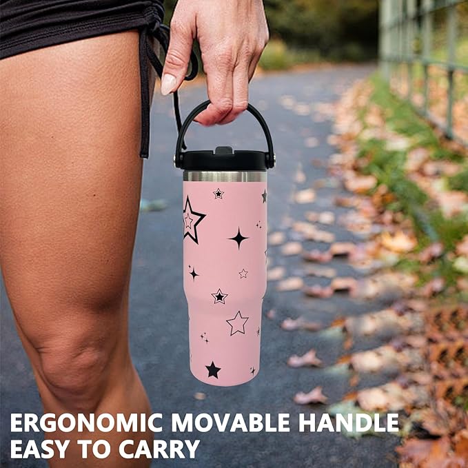 30 oz Tumbler with Handle and Straw, Vacuum Insulated Tumblers with Flip Straw and Top Handle, Leakproof Tumbler, Stainless Steel Travel Mug for Coffee Water, Cold for 20 Hours(Pink Star)