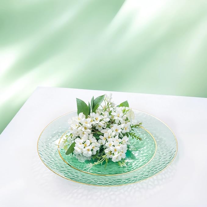 Rubtlamp 60 Pieces Green Gold Plastic Plates - 10 inch Green Plastic Dinner Plates - Hammer Pattern Design - Fancy Disposable Plates Ideal for Wedding & Party