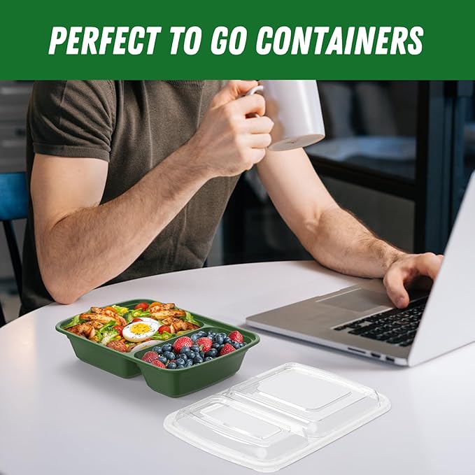50 Pack (100-Piece) 28 oz Meal Prep Containers Reusable with Lids 2-Compartment, Sturdy Leakproof Food Safe, Microwave Freezer Dishwasher Safe, To Go Take Out Plastic Food Storage, Green