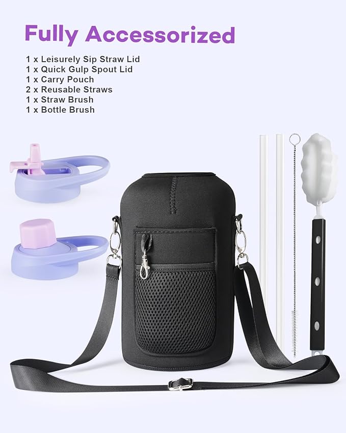 64 oz Water Bottle Insulated with Handle and Carry Pouch, Half Gallon Stainless Steel Water Bottles Mug with Straw Lid Spout Lid,Reusable Metal Tumbler Jug Flask Cup,Keep Cold & Hot,Purple