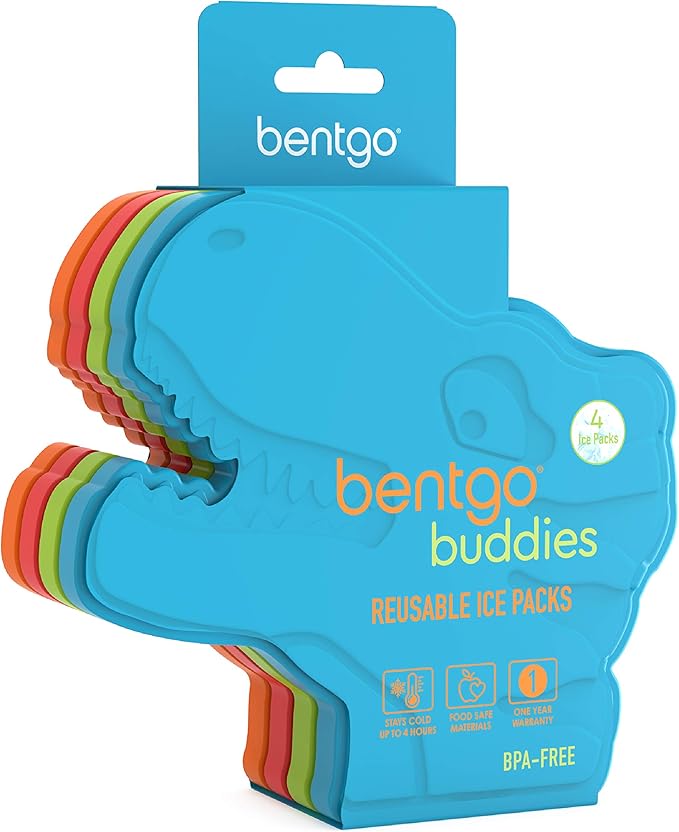 Bentgo Buddies Reusable Slim Ice Packs for Lunch Boxes, Lunch Bags, and Coolers - Multicolored 4-Pack (Dinosaur)