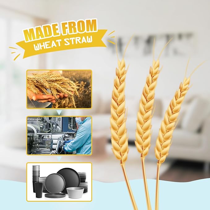 Teivio 32-Piece Kitchen Plastic Coupe Wheat Straw Dinnerware Set, Service for 8, Dinner Plates, Dessert Plate, Cereal Bowls, Cups, Unbreakable Unique Plastic Outdoor RV Camping Dishes,Gray Multicolor