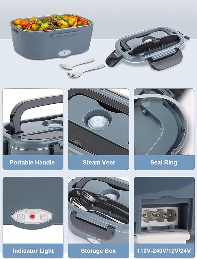 80W Electric Lunch Box with Heating Time Controller, 1.5L Portable Food Warmer for Adults/Men/Work, 12V/24V/110V Heated Lunch Box for Car/Truck with Fork & Spoon and Insulated Bag