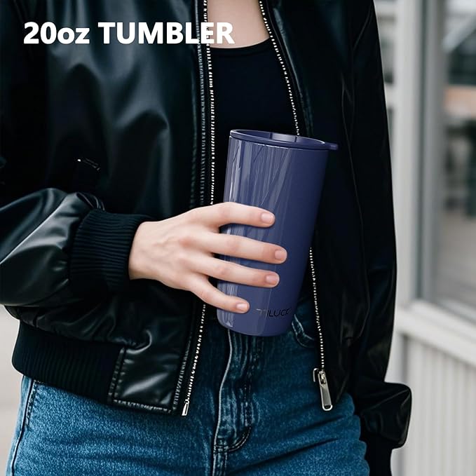 TILUCK 20 oz Tumbler with Leak-Proof Lid, Vacuum Insulated Stainless Steel Coffee Mug, Double-Walled Travel Tumbler for Hot and Cold Drinks(GlitterNavy, 20oz)