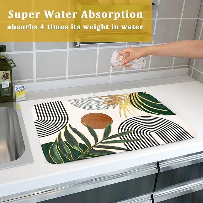 Boho Leaves Dish Drying Mat 18x24 inch Mid Century Absorbent Drainer Rack Mats Fast Dry Bottles Dish Dry Pad Protector Kitchen Accessories