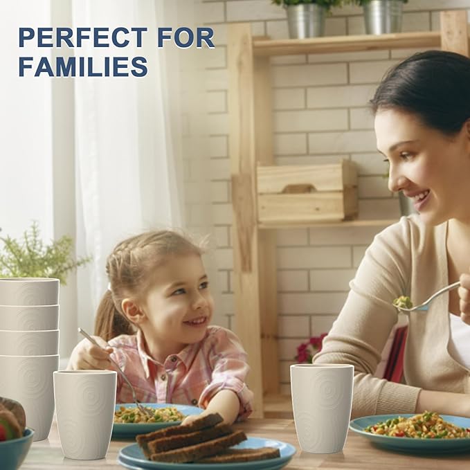 Wheat Straw Cups 8 PCS Good Alternative to Plastic Reusable Cups 12 oz Unbreakable Drinking Cup Reusable Dishwasher Safe Water Plastic Glasses (Beige)