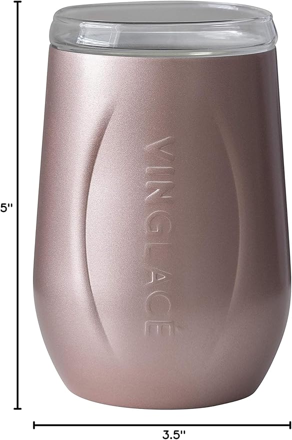 Vinglacé Stainless Steel Stemless Wine Glass- Insulated Wine Tumbler with Glass Insert and Sip Lid, 10 oz, Rose Gold