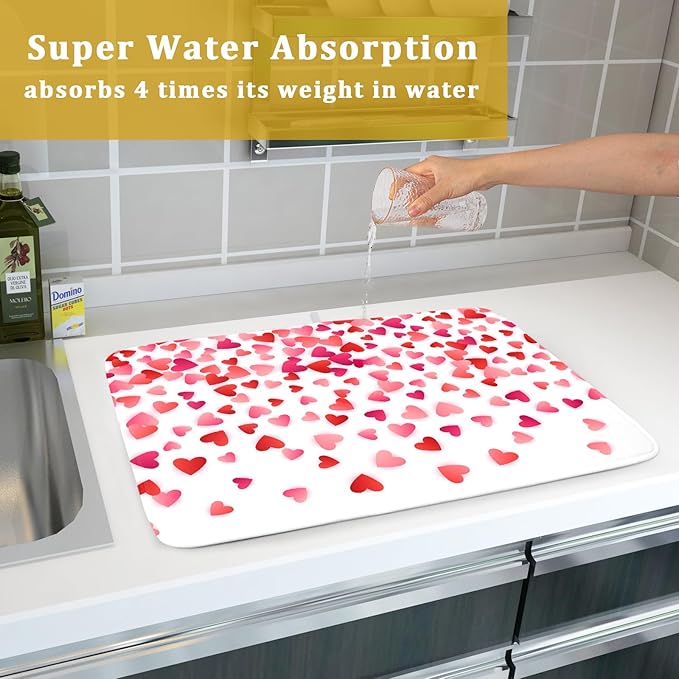 Valentine's Day Dish Drying Mat for Kitchen Counter Hearts Holiday Microfiber Absorbent Dish Draining Reusable Washable Foldable Extra Large 18"x24"