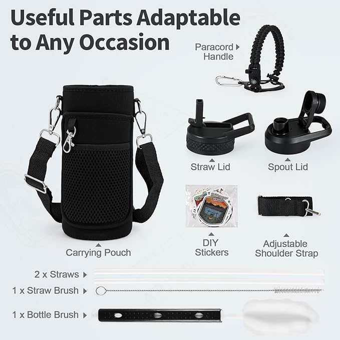 20 oz Insulated Water Bottle with Straw (Cold for 48 Hrs), Stainless Steel Triple Wall Vacuum Sports Water Jug, Leakproof Hydro Cup Flask with Paracord Handle & Straw Spout Lids & DIY Stickers