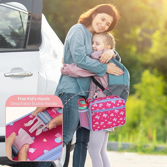 Bagseri Kids Lunch Bag for Girls - Insulated Kids Lunch Box for Daycare and School Reusable Meal Tote Bag with Water Bottle Holder, Easy-Clean Water-Resistant Fabric, Rose Pink Butterfly