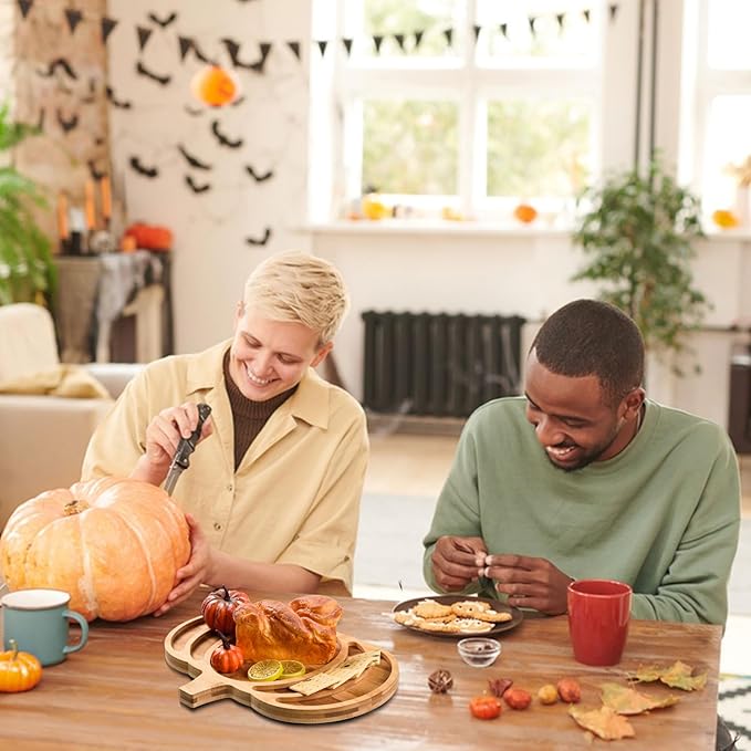 AWIZOM Pumpkin Wooden Serving Platter Thanksgiving Bamboo Serving Tray Wooden Snack Cheese Charcuterie Board Sectional Wood Halloween Dish Plate for Fall Autumn Harvest Party Supply,14.96x11.58x0.79