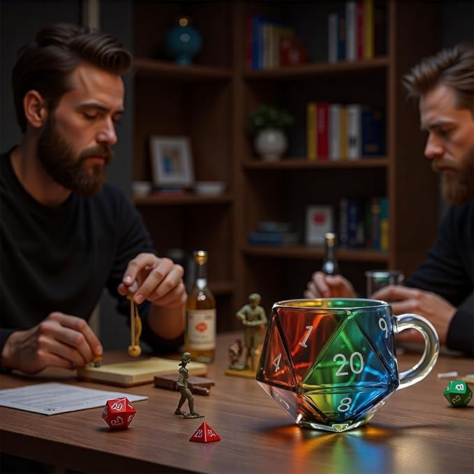 Rainbow D20 Dice Mug, D20 Dice Glass Coffee Mugs, Polyhedral Dice Coffee Cup with Handle, Funny Collection Class Coffee Mug, Gift for Game Enthusiasts