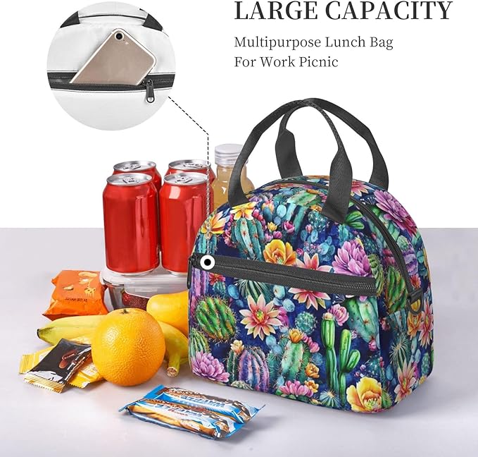Cactus Reusable Insulated Lunch Box Waterproof Lunch Bag with Detachable and Adjustable Shoulder Strap for Office Picnic or Travel
