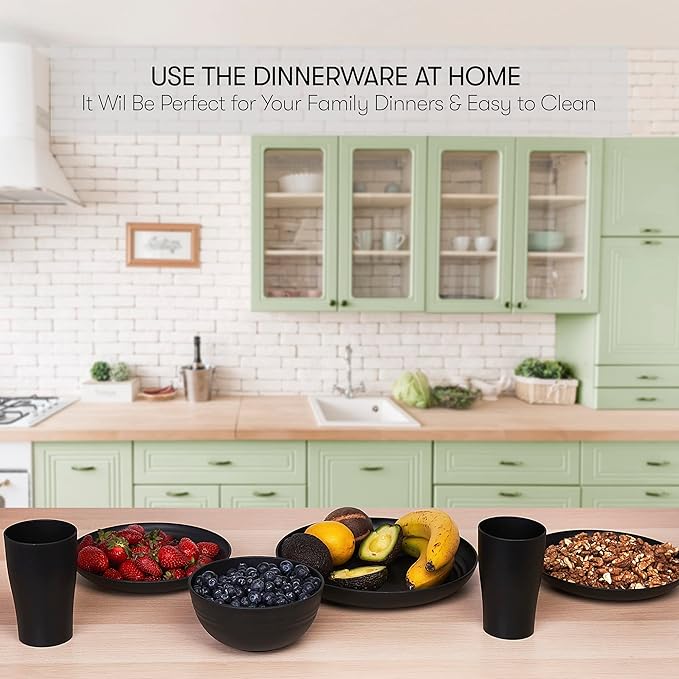 Wheat Straw Dinnerware Sets | Unbreakable Dinnerware Sets | Dishwasher Microwave Safe Dinnerware | Eco Friendly Non Breakable Dinnerware Sets | RV Outdoor Camping (Black, Service for 8 (32 pcs))