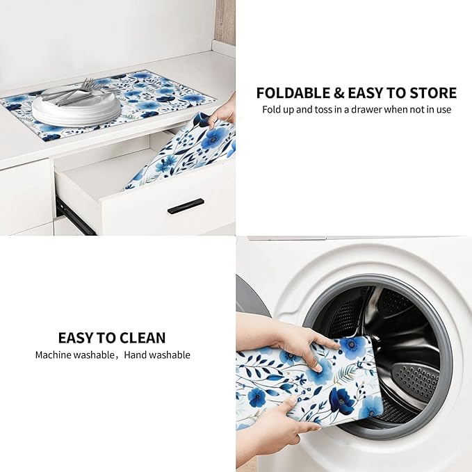 Blue White Floral Watercolor Dish Drying Mats, Absorbent Boho Blue Decorative Kitchen Counter Mat, Polyester, Absorption, Foldable, for Kitchen Dishes Utensils Small Appliances, Home Decor, 18" x 24"