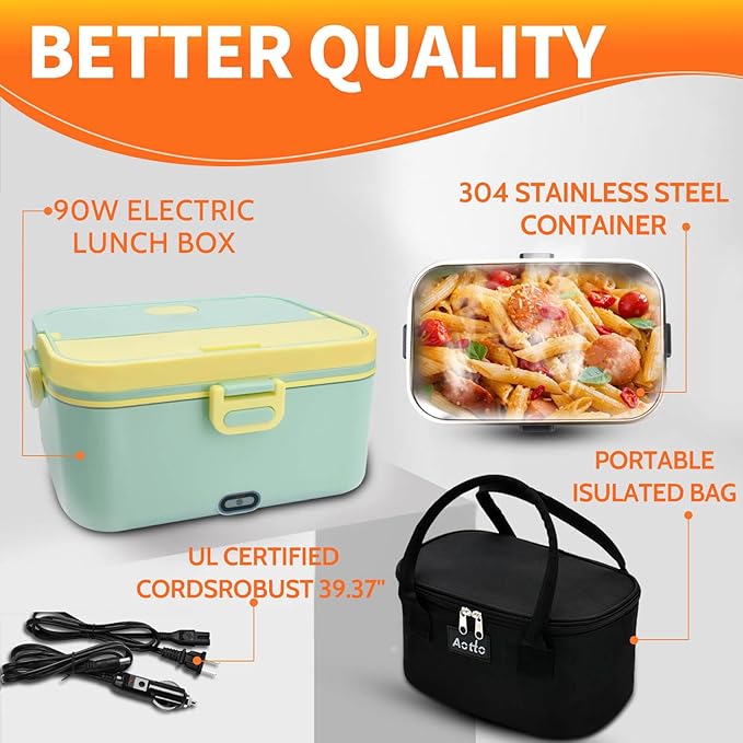 Aotto Electric Lunch Box 2L, 90W Fast Heating (12V/24V/110V) Heated Portable Food Warmer for Car/Truck/Office – Stainless Steel Container, Insulated Carry Bag – Ideal for Adults, Men, Women, Green