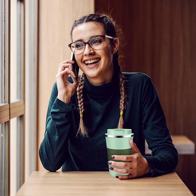 Insulated Coffee Tumbler 12 oz, Stainless Steel Coffee Mug with Lids, Travel Coffee Mug Leak Proof, Double Wall Vacuum Insulated Reusable Coffee Cup, Keep Drinks Hot and Cold (Light Green, 12 Ounces)