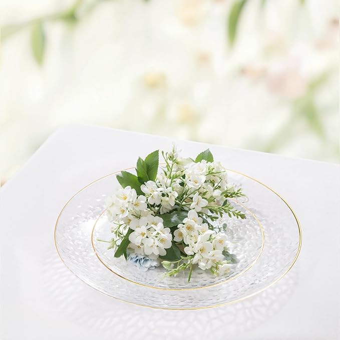 Rubtlamp 100 Pcs Gold Plastic Plates - 10 inch Clear Gold Dinner Plates - Hammer Pattern Design - Fancy Disposable Plate - Heavy Duty Party Plate Ideal for Wedding