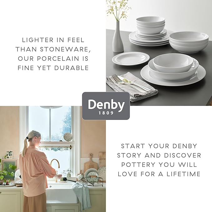 Denby - White By Denby Dinner Set For 4-12 Piece Tableware Set - Fine Porcelain Dinnerware Set - Dishwasher Microwave Oven Safe, Scratch Resistant - 4 x Dinner Plates, Small Plate & Cereal Bowls