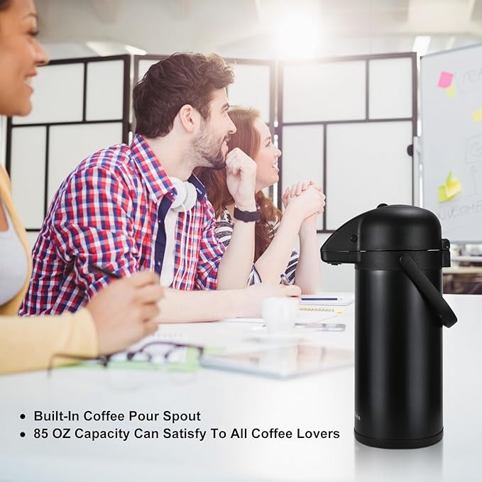 Updated Airpot Coffee Dispenser with Pump, 64 OZ Insulated Thermal Coffee Carafe for Keeping Hot - Cold Water, Party Chocolate Drinks & Stainless Steel Thermos Urn Large Thermal Hot Drink (Black)