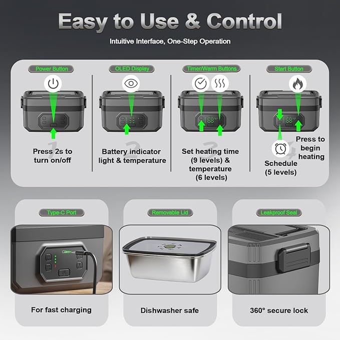 1.6L Cordless Electric Lunch Box - 24000mAh Heated Lunch Box Battery Powered with Automatic Heating, 9-Timer & 5-Temp Setting, Leakproof 304 Stainless Steel Container, Perfect for Office/Truck/Outdoor