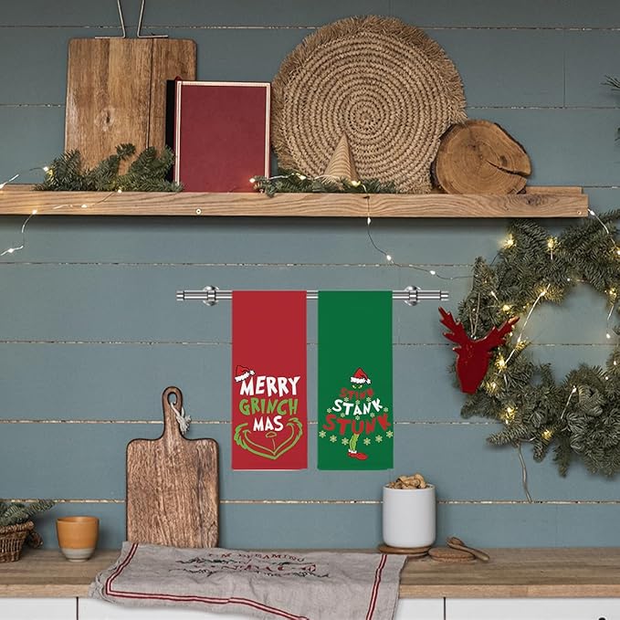 Christmas Kitchen Towels Set of 2,Funny Christmas Decor, Green Mas Red Santa Snowflake Hand Drying Baking Cooking Cloth, Winter Holiday Xmas Decor Home Decorations 14 x 23 Inches