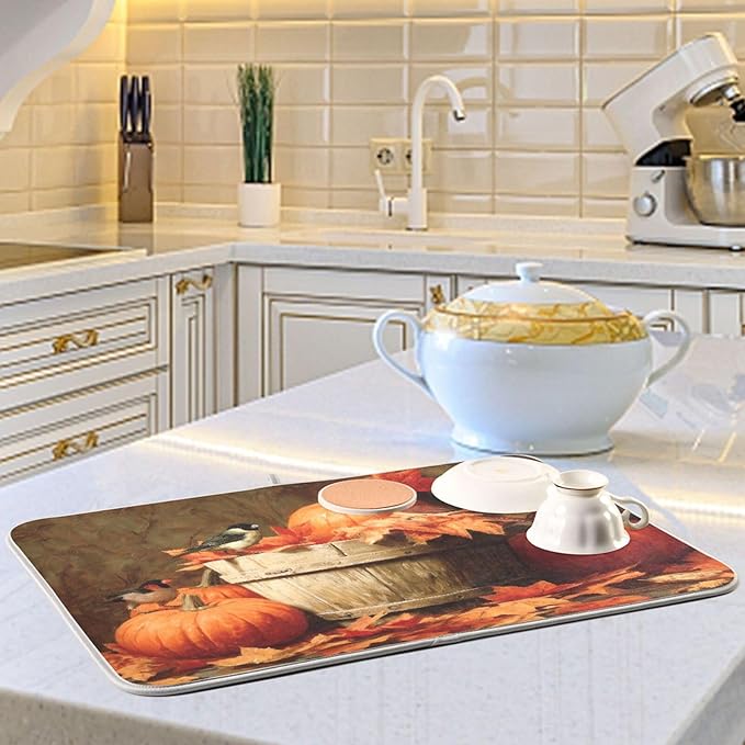 Pumpkins Autumn Leaves Birds Dish Drying Mat for Kitchen Counter Super Absorbent Dishes Pad Reversible Microfiber Protector Dish Draining Mats 18x24 inch