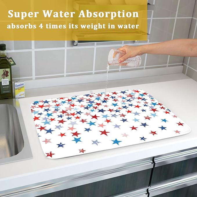 4th of July Dish Drying Mat for Kitchen Counter Patriotic Holiday Microfiber Absorbent Dish Draining Reusable Washable Foldable Extra Large 18"x24"
