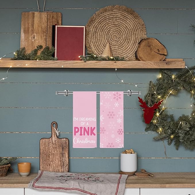 Pink Christmas Kitchen Towels,Christmas Decor Pink Bathroom,Xmas Gifts, Holiday Snowflakes Decorative Absorbent Dish Cloths and Tea Towels for Bathroom Decor 14 x 23 Inches