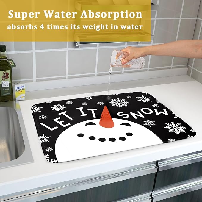 Winter Snowman Dish Drying Mats for Kitchen Counter 18×24 Inch Christmas Snowflake Let It Snow Large Microfiber Drying Mat Kitchen Accessories Dish Rack Mat Drainer Pad Washable Absorbent