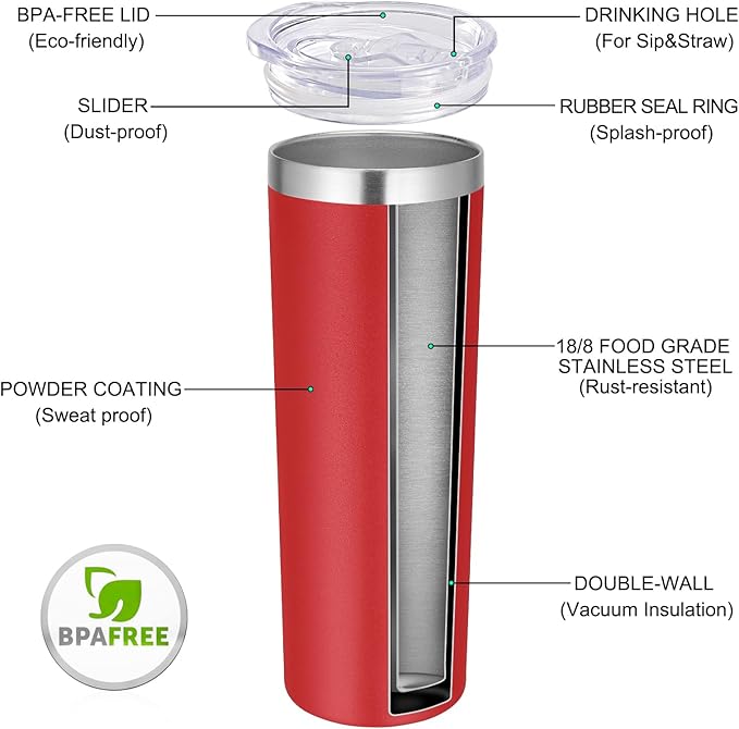 VEGOND 20 oz Stainless Steel Skinny Tumbler with Lids and Straws, 20oz Vacuum Insulated Slim Tumbler Cup, Double Wall Travel Tumblers Bulk for Cold Hot Drinks, Red 12 Pack