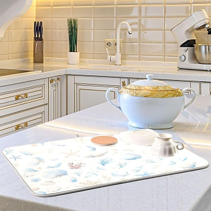 Starfish Corals Shells Dish Drying Mat for Kitchen Counter Super Absorbent Dishes Pad Reversible Microfiber Protector Dish Draining Mats 16x18 inch