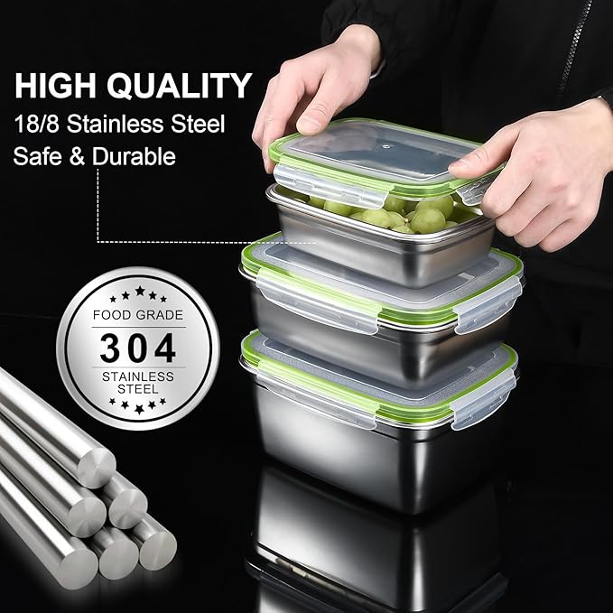 UPTRUST Stainless Steel Food Storage Containers | Leak Proof & Airtight Lids | Set of 5 Containers, Dishwasher & Freezer Safe, Green