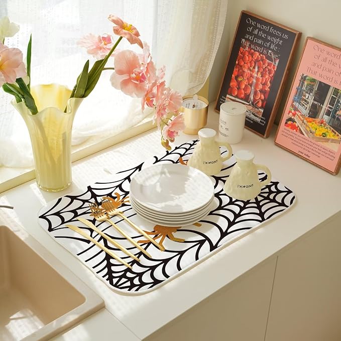 Spider Web Dish Drying Mat 18 x 24 inch Halloween Holiday Themed Decorative Drying Mats Microfiber Absorbent Dish Washable Draining Mat for Kitchen Counter Decor