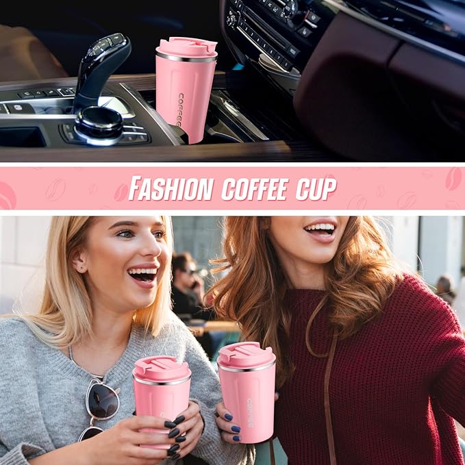 Sieral 4 Pcs 13 oz Travel Coffee Mug Insulated Reusable Coffee Cups with Leakproof Lid Stainless Steel Portable Tumbler for Keep Hot or Ice Milk Tea(Pink)