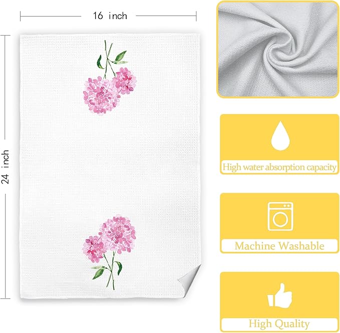 Pink Hydrangea Floral Hand Towels for Bathroom Spa Gym, Rustic Kitchen Towels Hydrangea Botanical Dish Tea Towels for Kitchen Decor, 16x24 Inch Set of 2