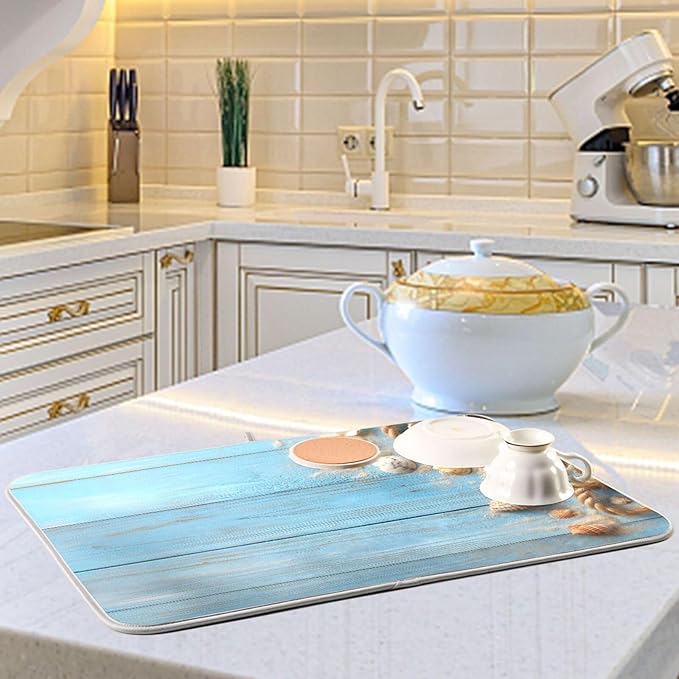 Summer Beach Seashells Dish Drying Mat for Kitchen Counter Super Absorbent Dishes Pad Reversible Microfiber Protector Dish Draining Mats 16x18 inch