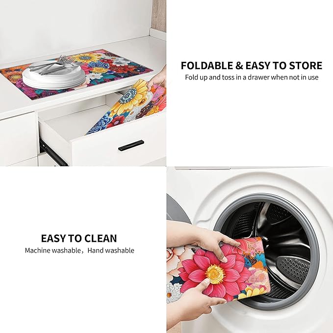 Boho Floral Dish Drying Mat For Kitchen Counter Microfiber Super Absorbent Non-Slip Dish Drying Pad For Countertops Dishes Utensils Stylish Quick-Dry Machine Washable 18x24 Inch