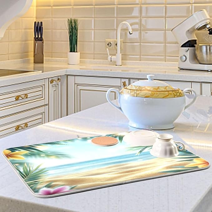 Summer Tropical Flowers Palm Leaves Dish Drying Mat for Kitchen Counter Super Absorbent Dishes Pad Reversible Microfiber Protector Dish Draining Mats 16x18 inch