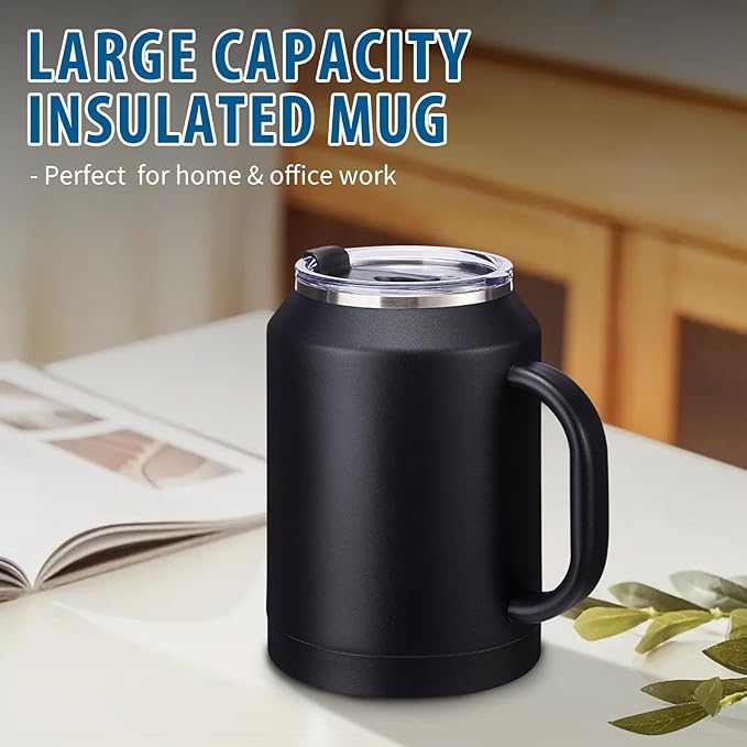 Insulated Coffee Mug 50 oz Tumbler with Handle - Metal Straws, Wide Mouth Leak-proof BPA-Free Stainless Steel Coffee Cup, Insulated Tumbler Big Travel Thermal Flask Water Bottles Keep Cold 36 Hrs