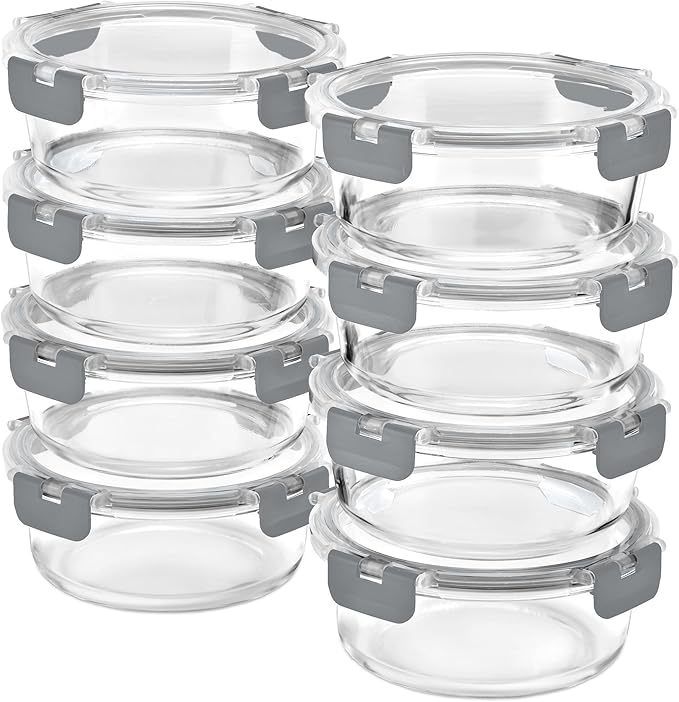 Sorbus 16pc Glass Meal Prep Containers Set – 8 Round 32oz Containers with Airtight Lids – Freezer, Dishwasher, Oven Safe – Reusable Food Storage Bowls, 4 Cup Capacity for Meal Prep and Storage Grey