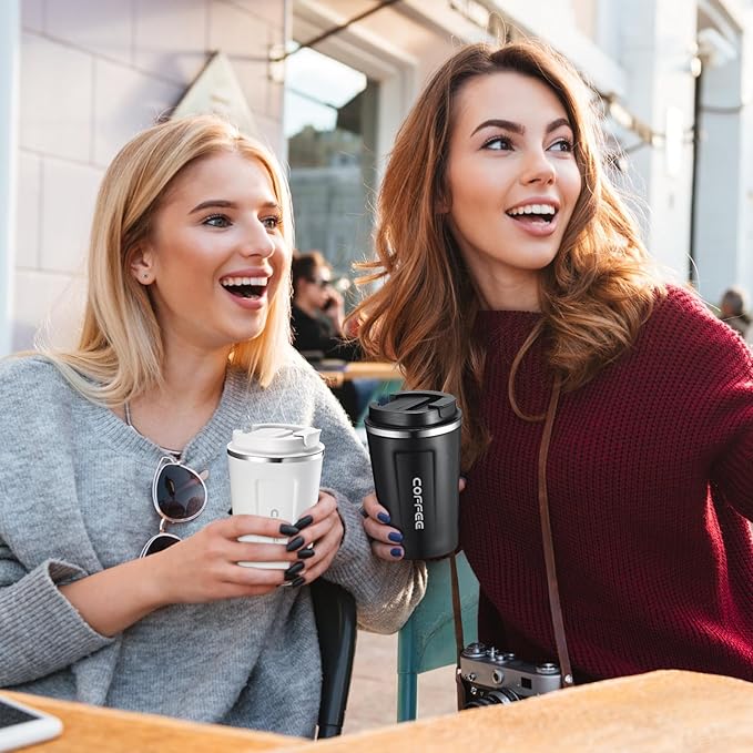 Sieral 4 Pcs 13 oz Travel Coffee Mug Insulated Reusable Coffee Cups with Leakproof Lid Stainless Steel Portable Tumbler for Keep Hot or Ice Milk Tea(Black, White, Navy Blue, Green)