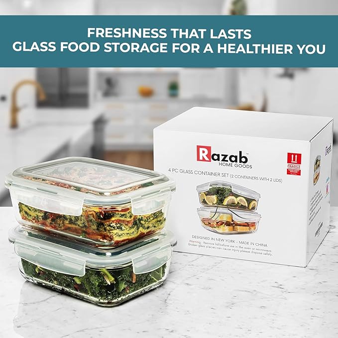 Razab 6.5 Cups / 52 Oz 4 Piece (2 Containers + 2 Lids) Glass Food Storage Containers Set with Airtight Locking Lids - For Storing, Baking & Serving BPA Free, Leakproof - Microwave, Freezer & Oven Safe