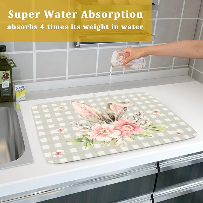 Spring Easter Dish Drying Mats for Kitchen Counter 18×24 Inch Cute Bunny Flowers Large Microfiber Drying Mat Kitchen Accessories Dish Rack Mat Drainer Pad Washable Absorbent