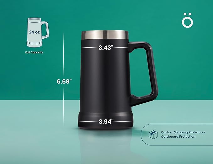 KooK Beer Stein, Stainless Steel Coffee Mug, Tumbler with Thermal Vacuum Insulation, Big Grip, Adventure, Double Walled Drinking Cup, Large Handle, Shatterproof, Black, 24 oz