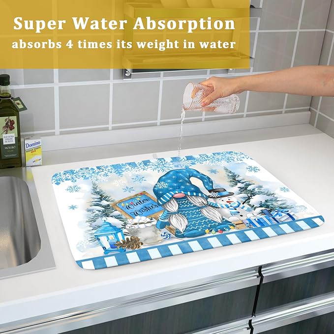 Winter Gnome Dish Drying Mat for Kitchen Counter Christmas Tree Snowman Snowflake Dish Drainer Farmhouse Dish Drainer Rack Mats Pad Heat Resistant Foldable Absorbent, 24x18 Inch