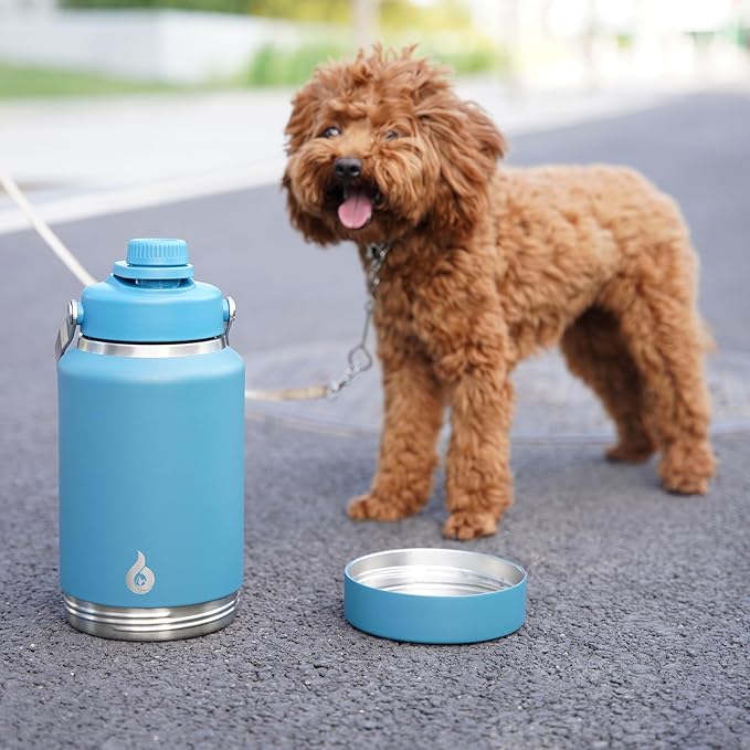 BJPKPK 64oz Insulated Water Bottles, Dishwasher Safe Half gallon Water Bottle with Metal Handle, BPA Free Spout Lid & Detachable Bowl, Large Stainless Steel Jugs, Black